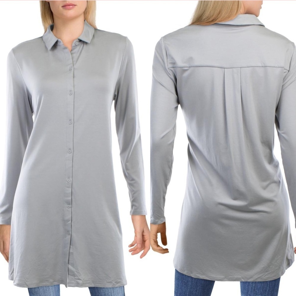 Eileen Fisher Classic Point Collar Button Up Tunic Top grey size XL